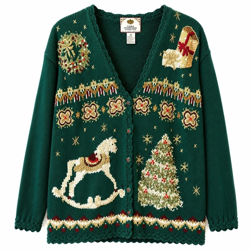 Tiara International Christmas‎ Cardigan Womens M Rocking Horse Tree Embroidered
